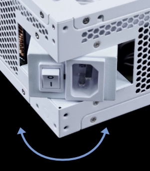 回転式ACインレット搭載、両面20+4ピン出力設計。フルモジュラー式電源